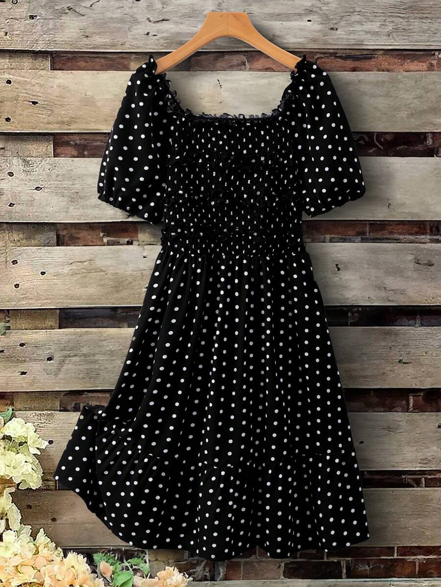 SHEIN Clasi Plus Size Polka Dot Print Short Sleeve Square Neck Simple Casual Dress - Black and White - View 1