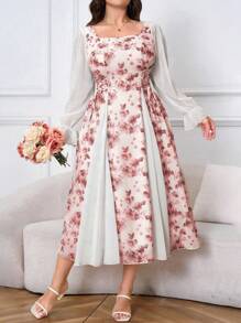 Mulvari Plus Size Square Neck Floral Printed Elegant Long Sleeve Dress, Maxi Dress For Beach, Party, Summer, Casual, Vacation And Dating - Red - View 1