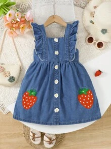 1pc Girls Casual Cute Collegiate Style Blue Woven Bleached Denim Strawberry Cap Sleeve Dress,Holiday,Summer,Travel - Blue - View 3