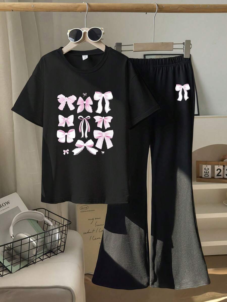 2pcs/Set Tween Girls Butterfly Print Round Neck Short Sleeve T-Shirt & Knit Snug Fit Flared Pants, Y2K Style - Black - View 1
