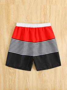 Tween Boy Stripe Patchwork Solid Colored Beach Shorts, Woven Fabric With Nylon Drawstring Waist