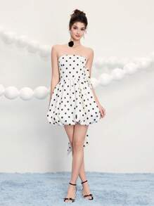 Poshira Women Woven Polka Dot Short Bustier Party Dress, Luxury Evening Short Dress, Music Festival Spring/Summer, Wedding Guest Dress, Prom Dress - Apricot - View 7