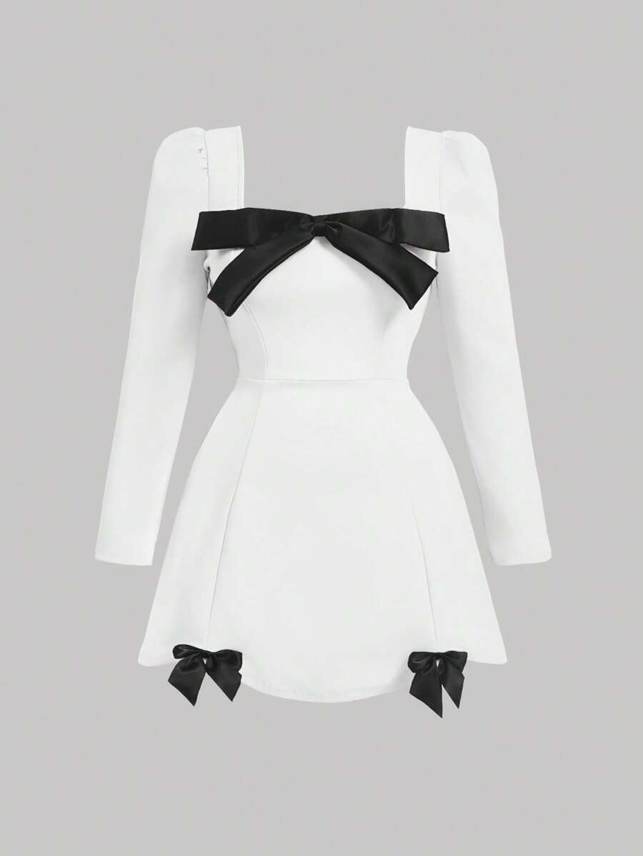 SHEIN MOD 大码粉色蝴蝶结前泡泡袖弧形下摆情人节黑色连衣裙