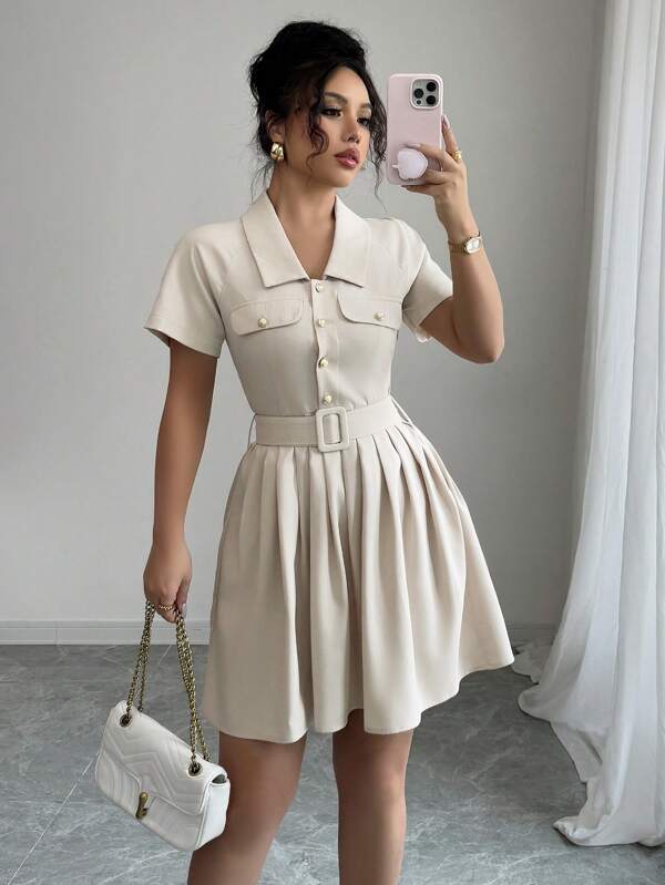 Elenzga Rochie franțuzească elegantă și ocazională pentru navetă, vacanță, culoare uni, linie A în formă de talie, plisată, cu buzunare, cu cataramă metalică accentuată, mini rochie cu mânecă scurtă cu decor cu inel în D, primăvară/vară