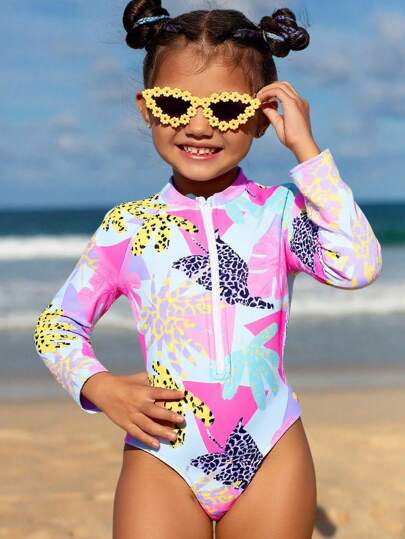 SHEIN Young Girl 2025 New One Piece Printed Swimsuit, Zipper Long Sleeve Beachwear, Vacation Swimwear Summer Holiday