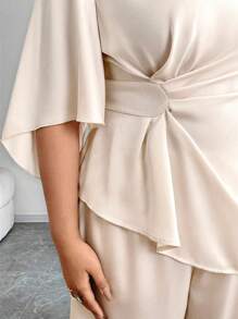 Elenzga Plus Size Elegant 2 Pieces Set: Pleated Flared Sleeve Top And Wide Leg Pants - Apricot - View 5