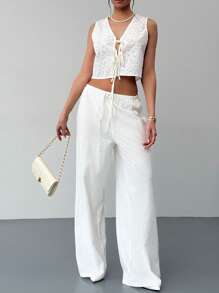 Aloruh Set de 2 piezas de conjunto elegante para primavera/verano: Blusa holgada con bordado y lazo delantero + Pantalón recto con cordón elástico - Blanco - Ver 3
