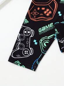 SHEIN Tween Boy Fluorescent Game Controller Pattern Round Neck Long Sleeve Snug Fit Pajama Set, 2 Pcs - Multicolor - View 4