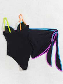 Swim SPRTY Women 2 Pieces Set, Solid Color Contrast Binding Push Up Strap Tie Front One Piece & Wrap Skirt Beach Outfit For Summer Holiday - Black - View 3