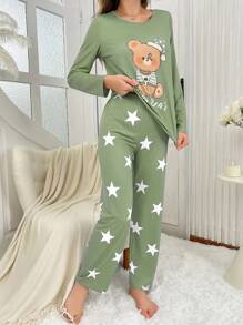 2pcs/Set Cartoon Bear & Star Print Long Sleeve Pajama Set, Fall Winter Clothes - Green - View 3