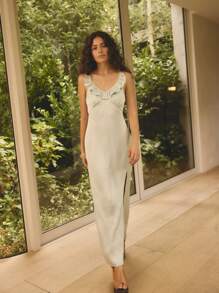 Aralina 夏季假期缎面深褶皱领口高开叉优雅长裙 - 黑色 - 查看 7