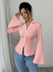 Elenzga 女士白色 V 领衬衫秋季修腰休闲上衣 - 粉色 - 查看 6