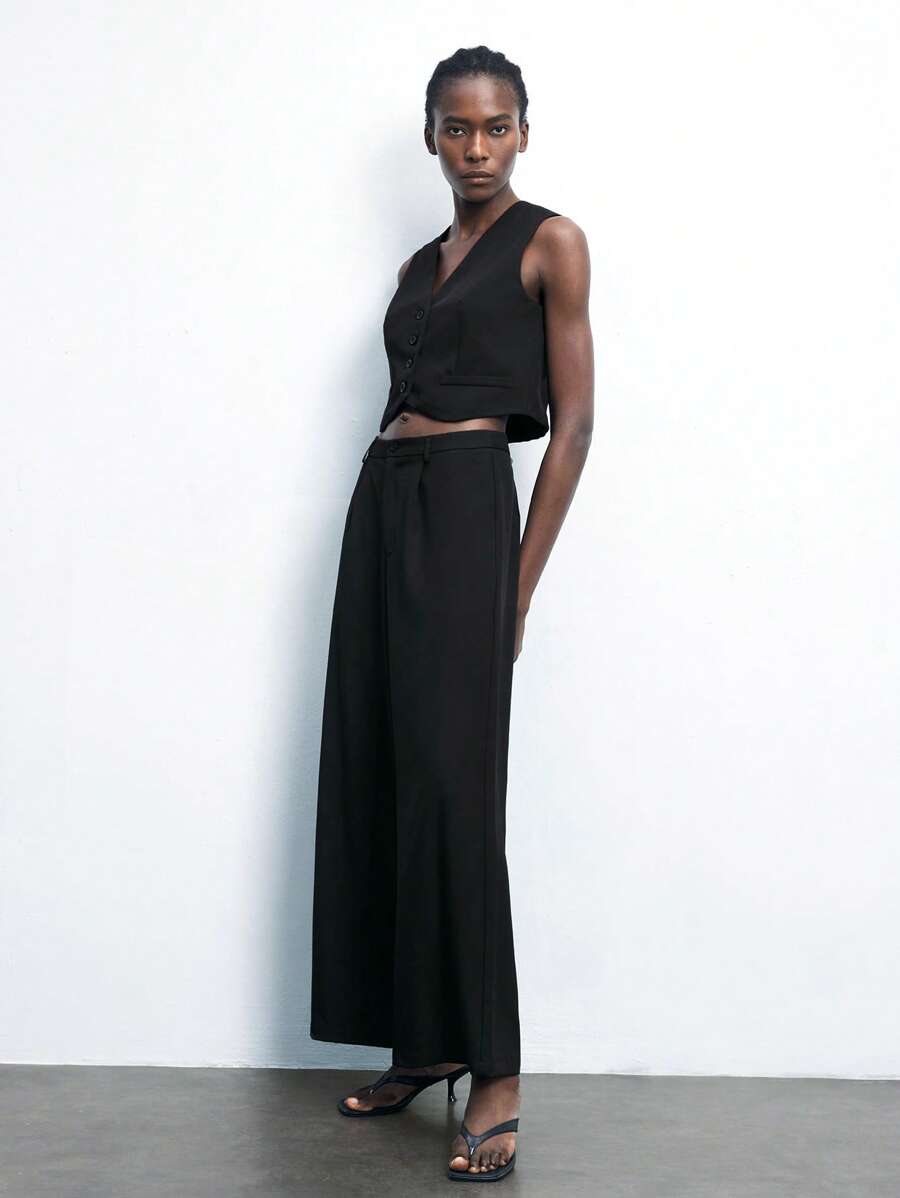 Maija 女士纯色单排扣背心阔腿裤套装