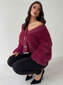 Firerie Cardigan Wanita Elegan Kasual untuk Beraktivitas di Rumah, Nyaman, dengan Hiasan Pita dan Rhinestone, Cocok untuk Musim Dingin - Burgundy - View 6