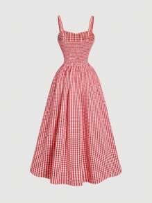 SHEIN MOD Vestido con vuelos de cuadros, lazo, nudo delantero, falda cinturón, para vacaciones tropicales para mujer, vestido elegante rojo