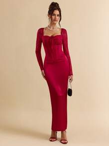 SHEIN BAE Robe de style princesse à l'épaule dégagée, à volants en dentelle florale, avec garniture florale sur la poitrine et style fluide, convenant pour la Saint-Valentin, les fêtes, les rendez-vous romantiques, les demoiselles d'honneur, le bal de promo, le port quotidien. Robe rose mini pour anniversaire - Rose bonbon - Voir 6
