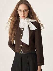 Muvela Women's Plain Color Long Sleeve Casual Stylish Jacket - Coffee Brown - View 6