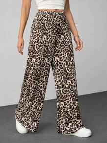 SHEIN Tall Fashionable Loose Leopard Print Wide Leg Pants - Brown - View 4