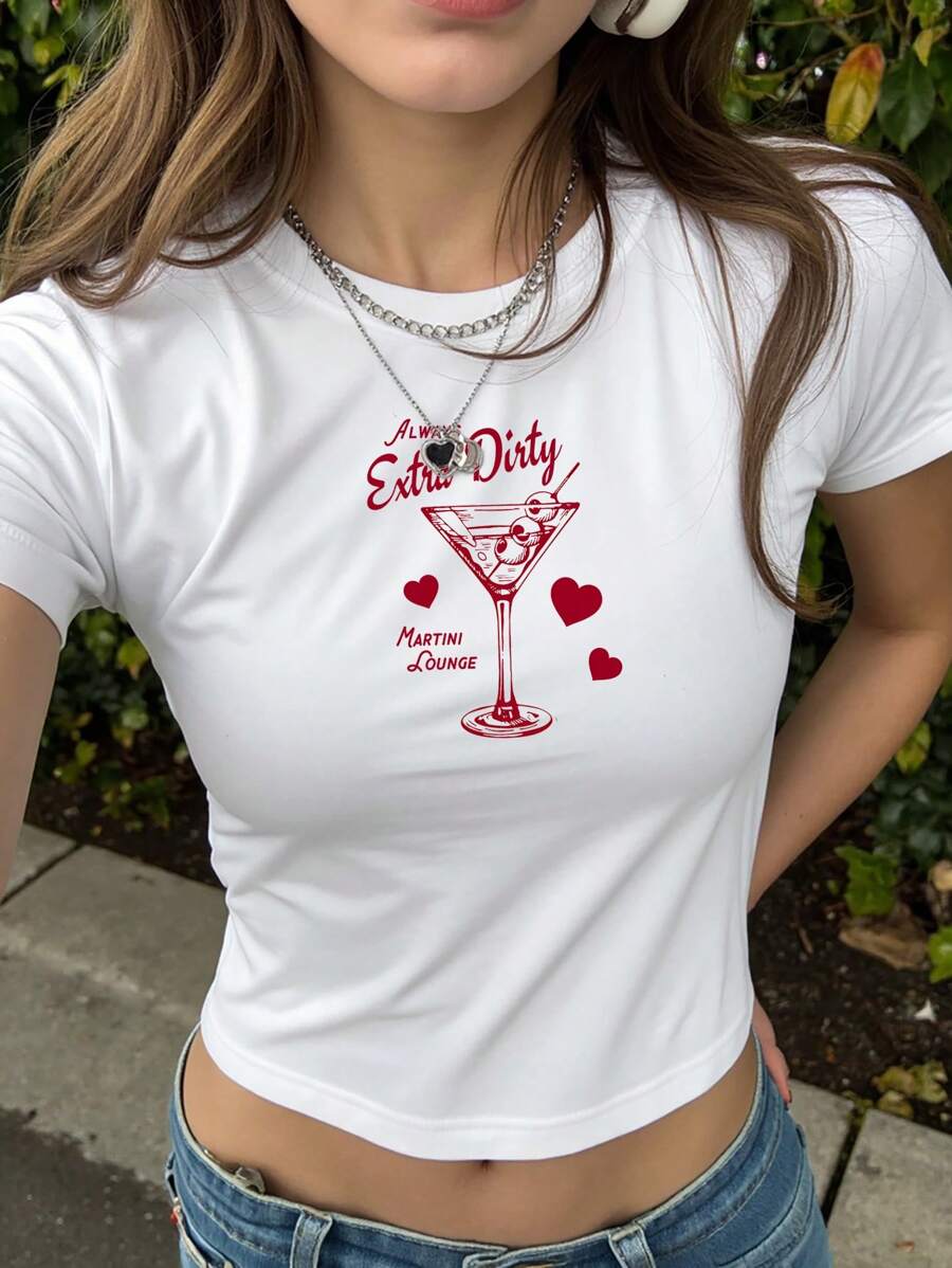 SHEIN Unity 女士马提尼鸡尾酒印花短袖短款 T 恤，夏季 - 白色 - 查看 1