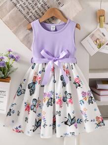 SHEIN Girls Ribbed Top & Rose Pattern Woven Fabric Print Summer Holiday Party Dress - Purple - View 1