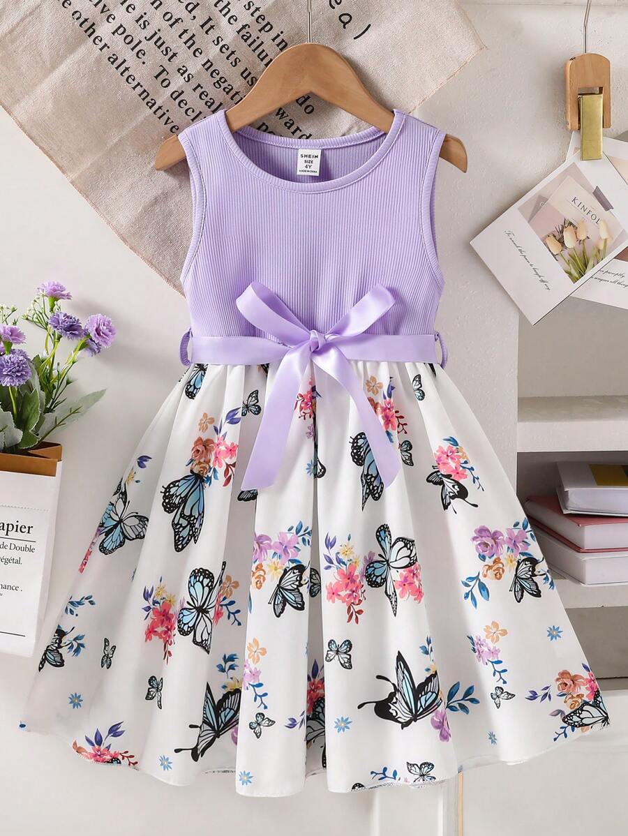 SHEIN Girls Ribbed Top & Rose Pattern Woven Fabric Print Summer Holiday Party Dress - Purple - View 1