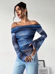 SHEIN Privé 女士新款扎染花卉露肩长袖紧身衣，休闲日常穿着图案 T 恤紧身衣，适合春秋季节，通勤/优雅/性感/度假/海滩/浪漫/约会/情人节/音乐节/表演/返校 - 彩色 - 查看 6