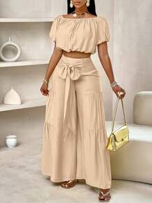 SOLERSUN Summer Beach Vacation Style Puff-Sleeved Ruffled Strapless Crop Top & Wide Leg Pants Set For Summer,Ladies Casual Ruffle Hem,Shirred Short Sleeve Regular Fit Khaki Viscose Puff Sleeve Pants Women Two-Piece Outfits,Spring/Fall,Casual Daily Wear