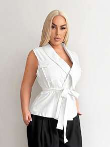 SHEIN SXY Plus Size Vrouwen Sexy Streetwear Gyanu Y2K Revers Kraag Borstzak Decor Mouwloos Strik Taille Vest, Geschikt Voor Dagelijkse Kleding, Zakelijk, Eenvoudig, Woon-werkverkeer, Elegant, Casual, Winkelen, Streetwear, Uitgaan, Gemakkelijk Te Combineren & Ziet Er Slank Uit, Accentueert Uw Lichaam, Flatteert Uw Figuur