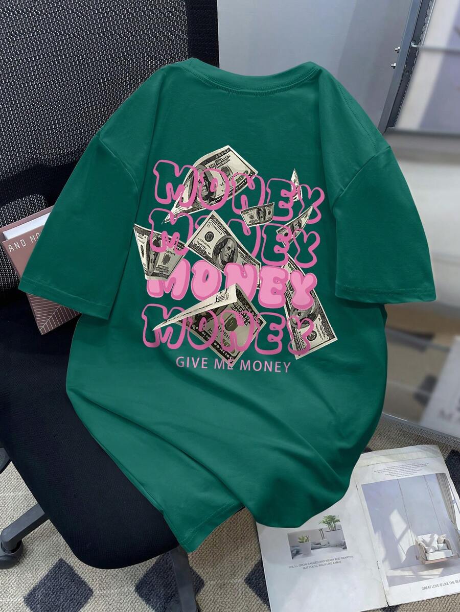 Manfinity Hypemode Plus Size Men's Casual Simple Letter Print Crew Neck Short Sleeve T-Shirt - Dark Green - View 1