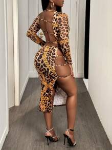 BamGleam Women's Leopard Print Chain Graphic Long Sleeve Crop Top And Side Cutout Mini Skirt Sexy 2 Pieces Set