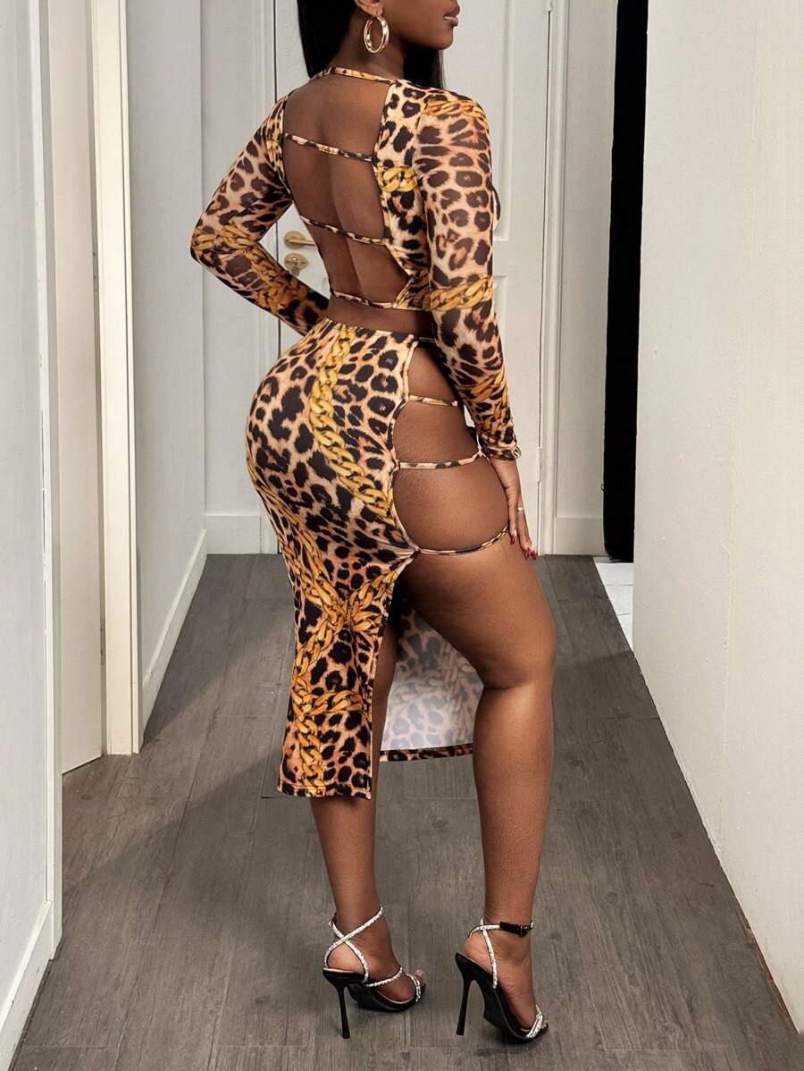 BamGleam Women's Leopard Print Chain Graphic Long Sleeve Crop Top And Side Cutout Mini Skirt Sexy 2 Pieces Set