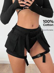 SHEIN ICON 超短款3d三角口袋短褲 - 黑色 - 查看 1