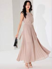 Heiryn 飘逸优雅的女士百褶连衣裙，通勤舒适 - 卡其色 - 查看 3