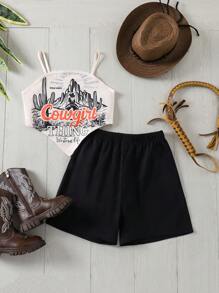 2025 Spring/Summer New Collection Casual & Comfortable Asymmetrical Hem Western Printed Camisole Top Paired With Black A-Line Pants, Tween Girl 2 Pieces Set, Suitable For Daily Wear, Outings, And Family Gatherings