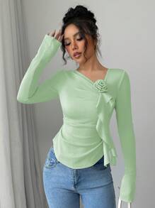 Elenzga Commute Simple Elegant Solid Color 3D Flower Decor Ruched Women T-Shirt - Lime Green - View 4
