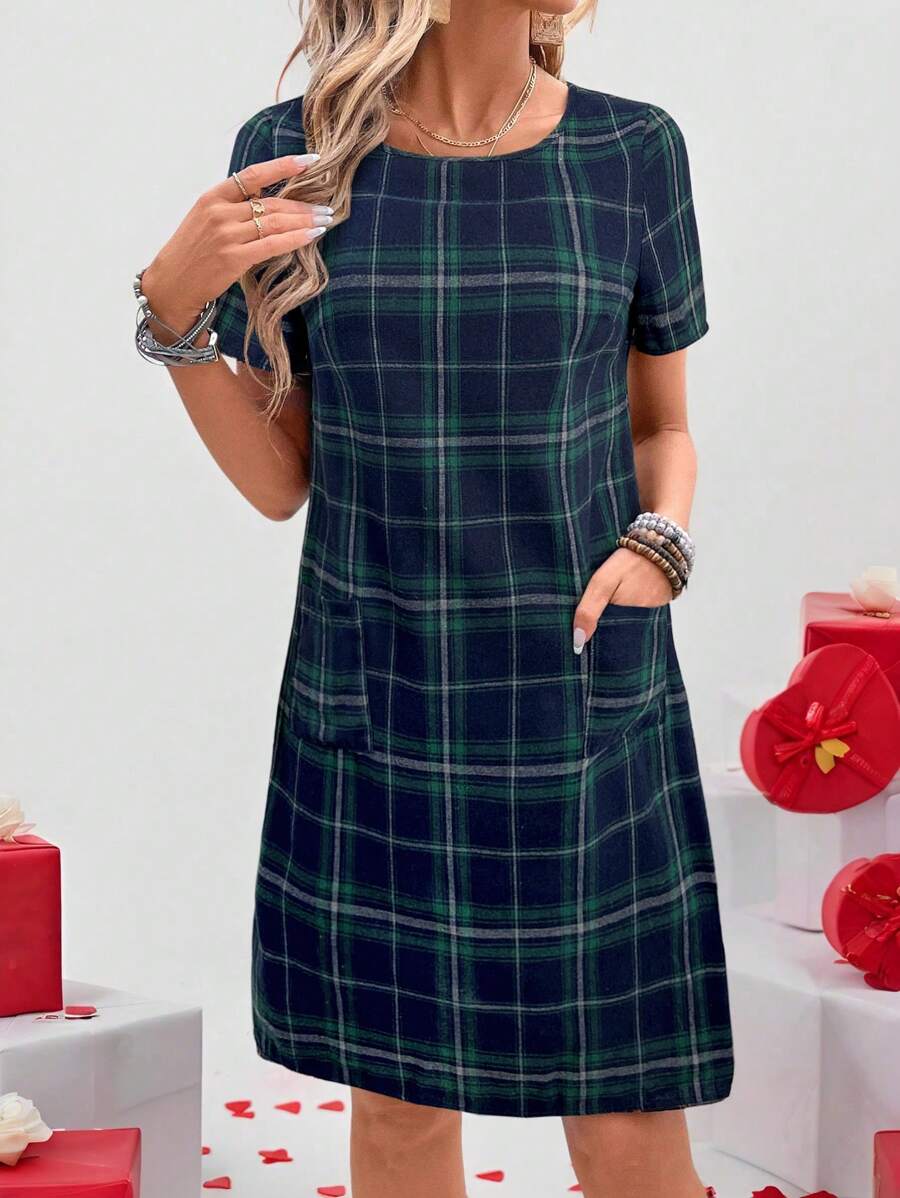 EMERY ROSE Women's Casual Plaid Pattern Double Pocket Short Dress, Spring/Summer - Green - View 1