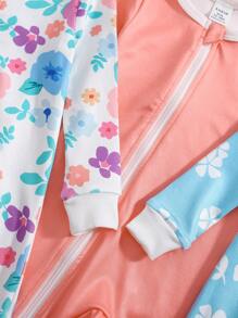 Set de 3 piezas Monos / Petos de una sola pieza de manga larga y casual con estampado floral para bebé niña en invierno - Multicolor - Ver 4
