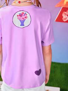 SHEIN X Care Bears Tween Girl 卡通爱心和熊图案休闲可爱短袖 T 恤，百搭，有紫色、粉色和蓝色可供选择 - 彩色 - 查看 3