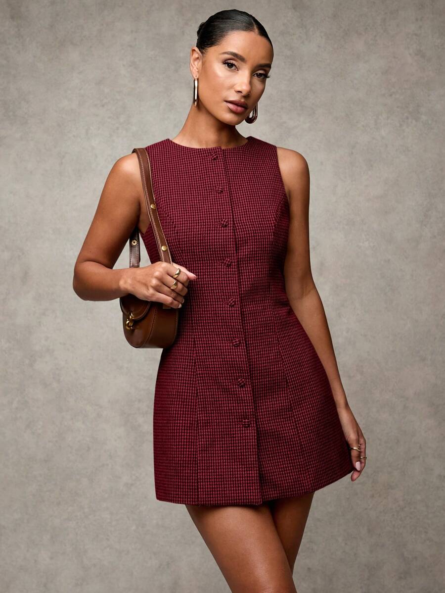 SHEIN BAE 女士休闲格子羊毛混纺圆领无袖前扣简约短裙，适合办公室、正式场合和日常穿着