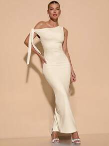 SHEIN BAE Spring Summer White Asymmetric Shoulder Tie Ruffle Elegant Lady High Slit Dress For Graduation Season,Valentine's Day,Valentine Outfits For Women - Apricot - View 3