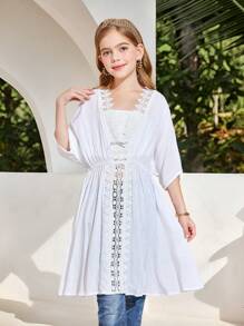 SHEIN Kimono tressé pour préadolescentes avec décoration de sangle, blanc, convenant pour les vacances à la plage et les sorties printanières