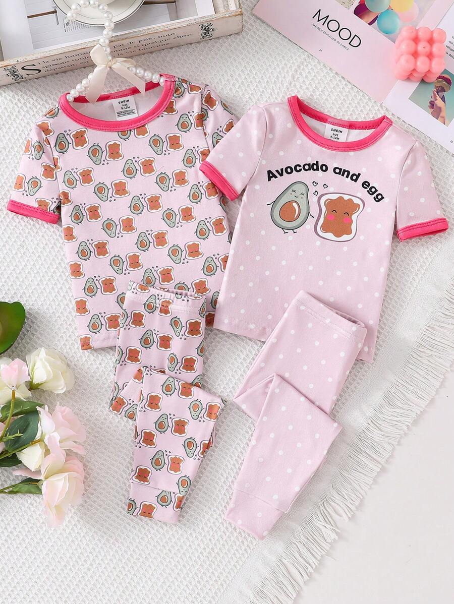 4pcs Baby Girls Breakfast Bread Avocado Print Purple Series Bodysuit And Pants Homewear Set - Multicolor - View 1