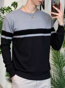Manfinity Homme Men's Solid Color Panel Design Crew Neck Casual Long Sleeve Sweater