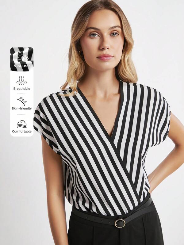BizChic Women's Black & White Striped Print Batwing Sleeve Wrap Front Loose Casual Top
