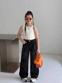 Tween Girls Fashion Rhinestone Starry Sky Washed Black Denim Jeans - Black - View 4