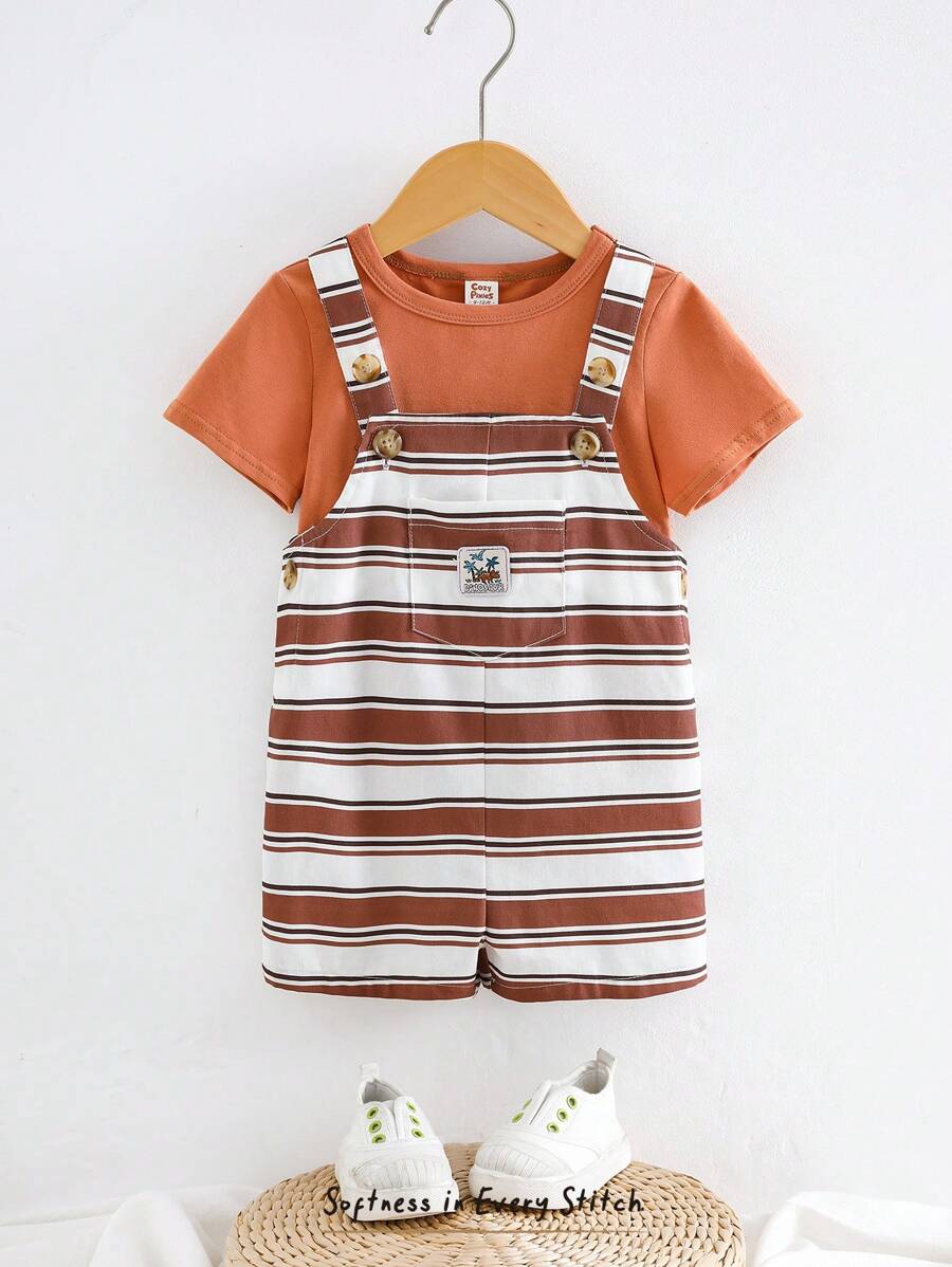 Cozy Pixies Ensemble de 2 pièces pour bébé garçon - Top tricoté unicolore à col rond et manches courtes, et short à bretelles rayé coloré - Multicolore - Voir 1