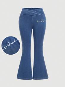 Comfortcana Plus Size Women's Casual Skinny Stretch Flare Jeans, Blue Summer,Vacation Woman,Easter,Spring,Western,Office For Women,Rave,Baby Shower ,Cottagecore,Country Women,Old Money Style Women,Going Out,Festival,Rodeo,Airport - Blue - View 1