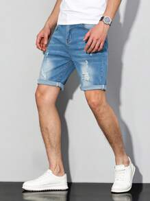 Manfinity Homme 大码男式休闲洗水破洞牛仔短裤 - 淺色水洗藍 - 查看 3