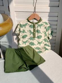 SHEIN 2pcs/Set Toddler/Infant Cute Dinosaur Pattern Polo Collar Shorts Set, Casual Daily Wear For Spring & Summer - Green - View 5
