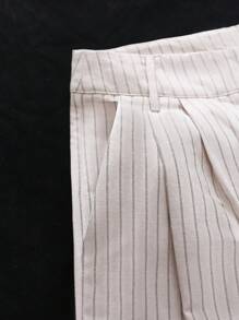 SHEIN Clasi 女士休闲条纹亚麻阔腿裤，春夏 - 杏色 - 查看 5